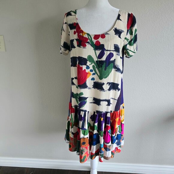 JAMS WORLD Hattie Hawaiian Drop Waist Dress Abstract Artsy Surreal Floral Size L - Picture 1 of 8
